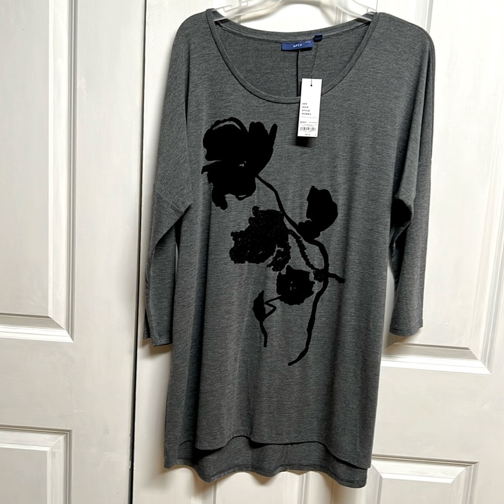 Apt 9 Gray Black Sequins Floral Mid Drop Sleeve Tunic Top Size M NWT